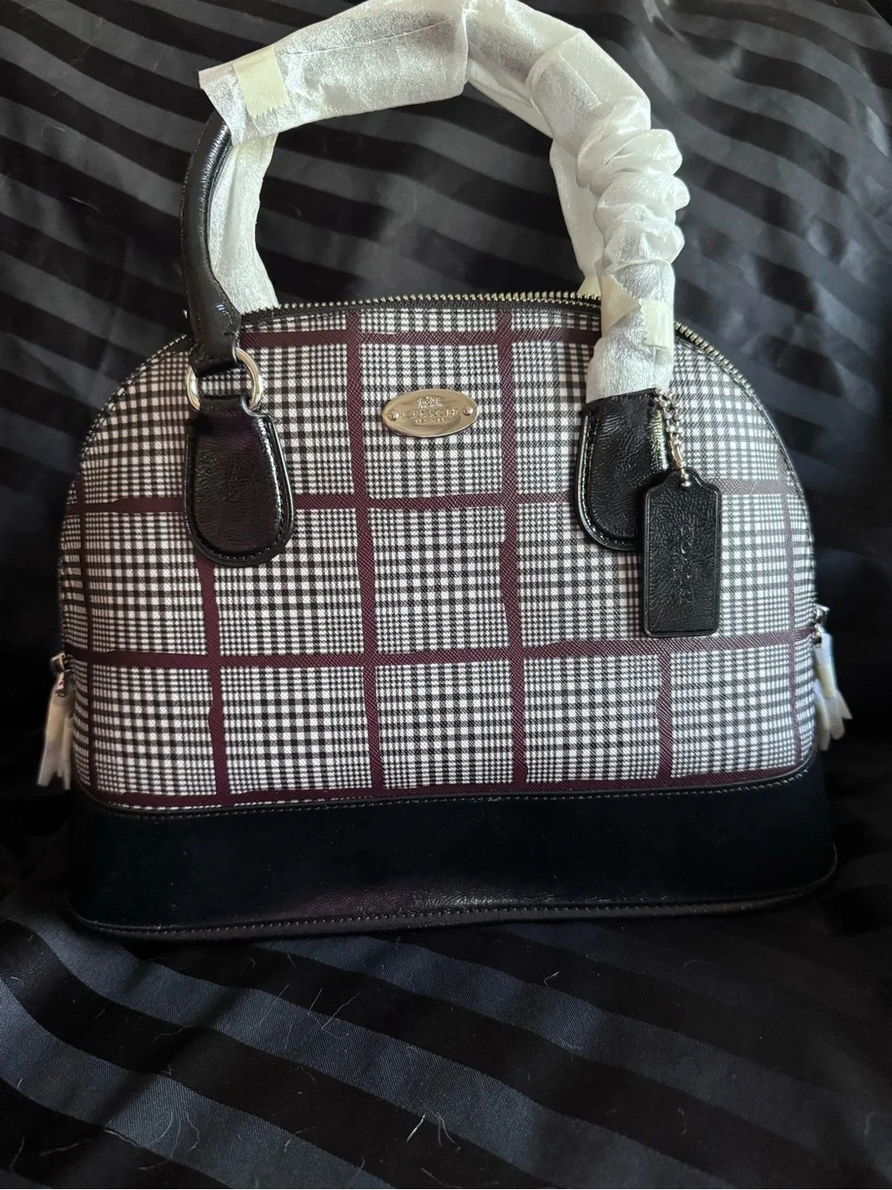 Coach Burgundy Glen CORA Plaid Satchel with Black Accents